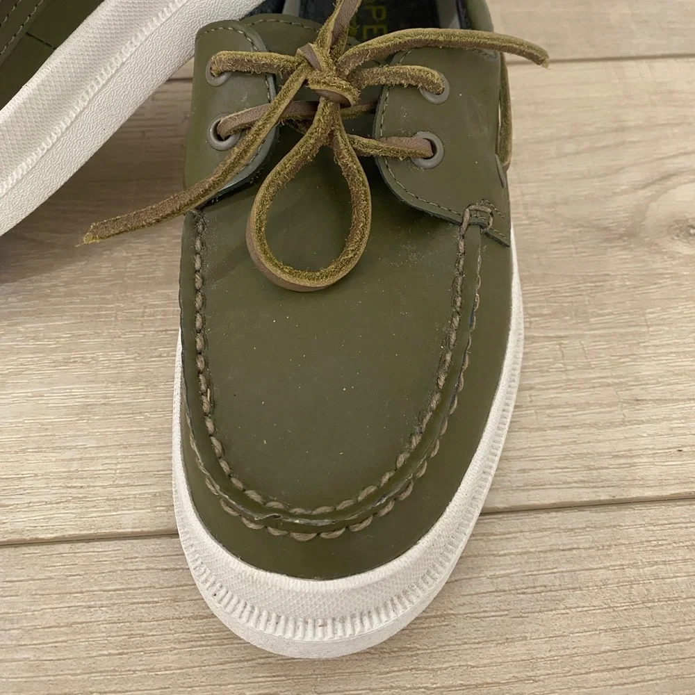 Sperry Top Sider Leather 2 Eye Raincoat Olive Green Boat Shoes